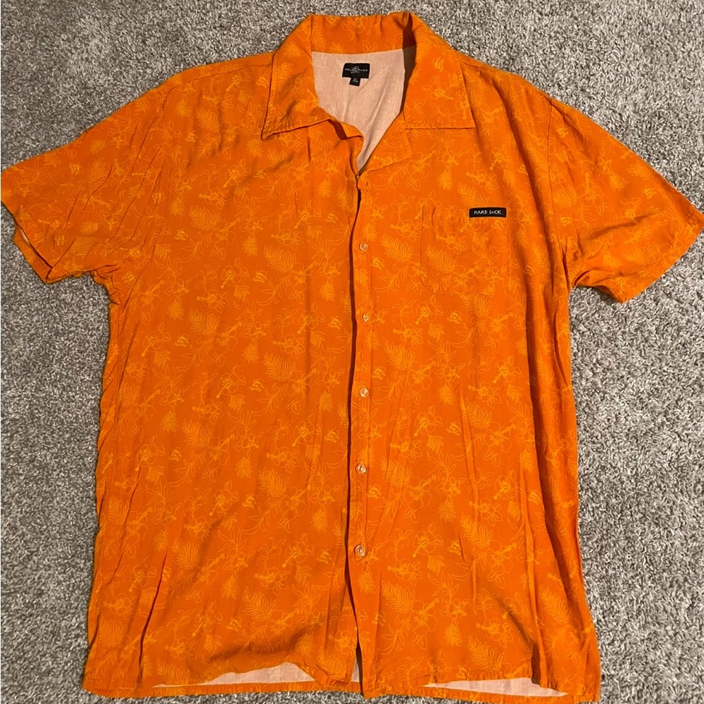 Hard Luck orange Hawaiian shirt from the skate company Hard Luck.